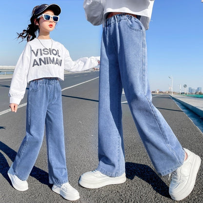 Girls straight jeans spring and autumn style foreign style little girl medium and big children autumn casual loose children's clothing wide-leg pants 