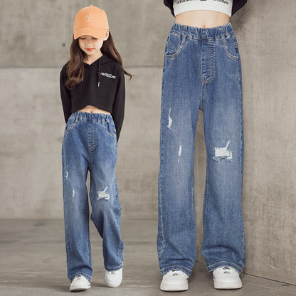 Girls straight jeans spring and autumn style foreign style little girl medium and big children autumn casual loose children's clothing wide-leg pants 