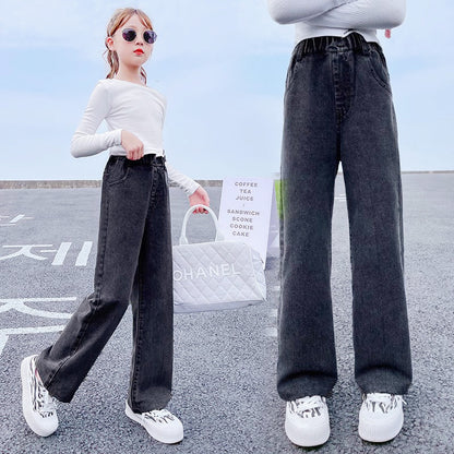 Girls straight jeans spring and autumn style foreign style little girl medium and big children autumn casual loose children's clothing wide-leg pants 