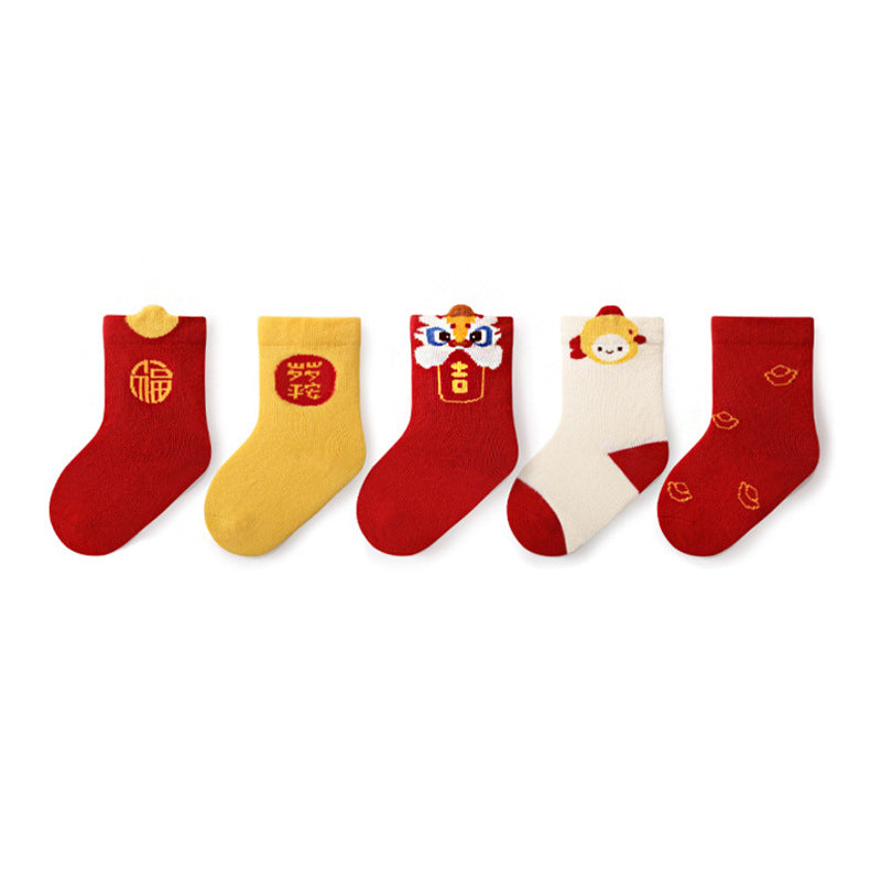 Newborn baby red socks autumn and winter new products New Year 100 days full moon baby boy and girl children's middle tube cotton socks 