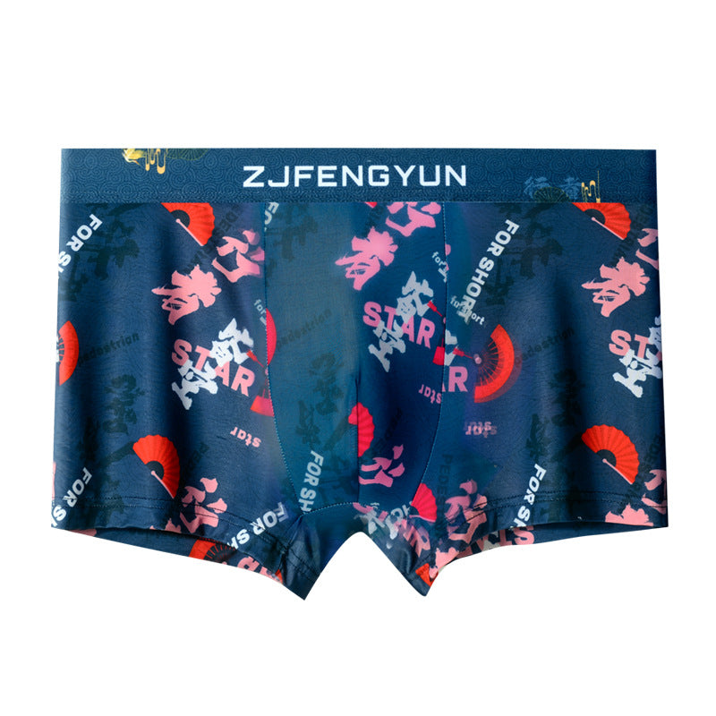 2023 Men's Underwear Ice Silk Wholesale National Fashion Style Printed Youth Boxer Ultra-thin Comfortable Shorts Men's Trend 