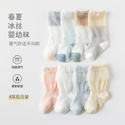 Class A spring and summer new cotton long-tube lace ice silk mesh socks breathable baby infant anti-mosquito socks in stock 