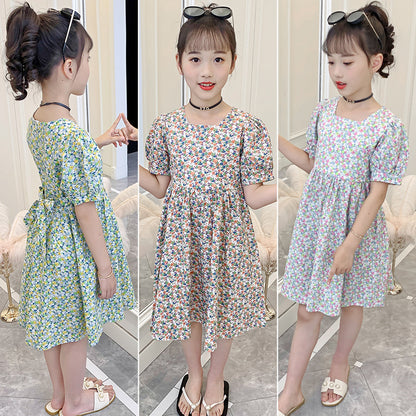 2024 Summer Girls French Puff Sleeve New Style Dress Square Neck Floral Cotton Skirt Short Sleeve Pastoral Slim Trend 