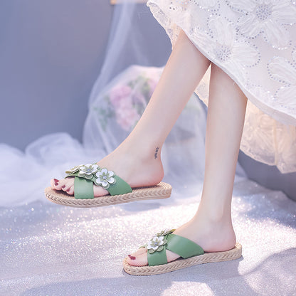 2022 new flower summer one-word slippers women's outerwear fashion Korean version wear-resistant non-slip ladies flat sandals and slippers 