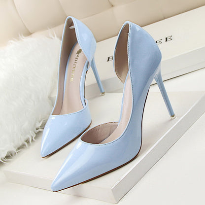 638-5 Korean style fashionable simple stiletto high heels patent leather shallow mouth pointed toe hollow sexy slim high heels shoes