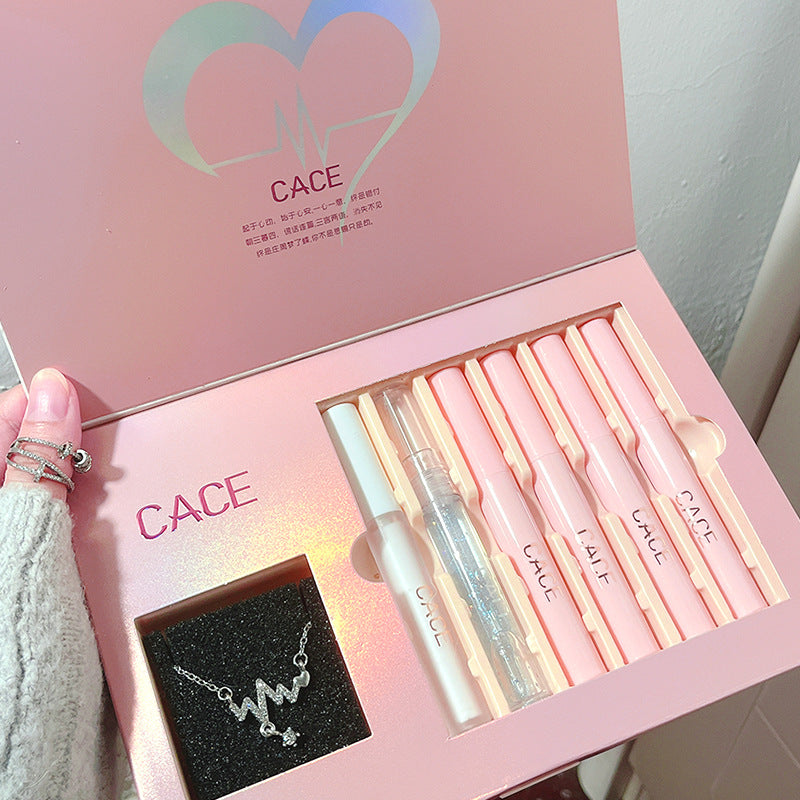 CACE Pink Party Lip Makeup Set 6 Pack Transparent Lip Gloss Matte Lip Mud Moisturizing Lip Milk Free Necklace 