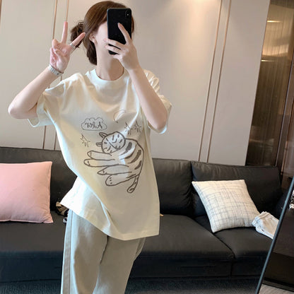 2023 ADER abstract graffiti cat print T-shirt short-sleeved women's summer new loose half-sleeved all-match top 