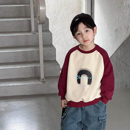 Amo Beibei children's winter plus velvet contrast color tops for boys and girls cute cartoon raglan shoulder fleece sweatshirt 