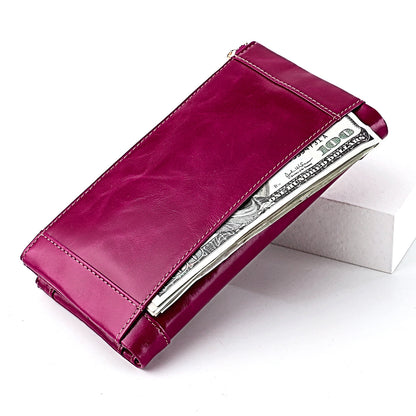 Korean style fashion mobile phone coin clutch rfid anti-theft brush long wallet retro oil wax genuine leather ladies wallet 