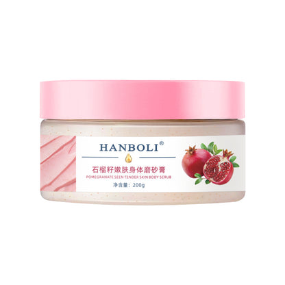 Han Boli Pomegranate Seed Rejuvenating Body Scrub သည် အသားအရေကို သန့်စင်စေပြီး keratin ဝက်ခြံများကို နူးညံ့စေကာ အစိုဓာတ်ဖြည့်ပေးပြီး body scrub ကို ပြန်လည်ဖြည့်တင်းပေးပါသည်။