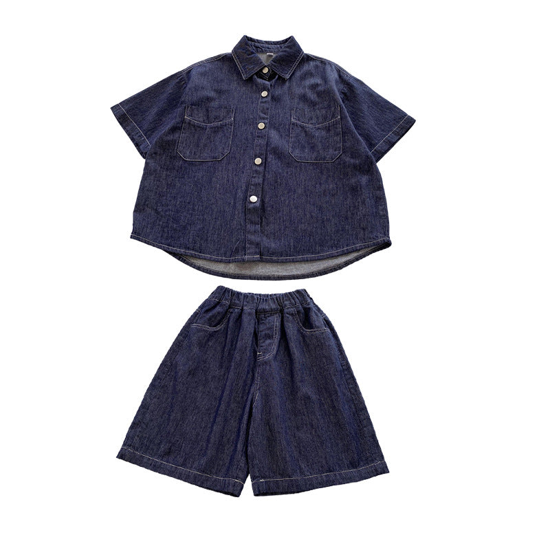 Children's summer thin children's clothing denim suits for middle and large children's casual and fashionable two-piece suits for boys' fashionable short-sleeved shorts 