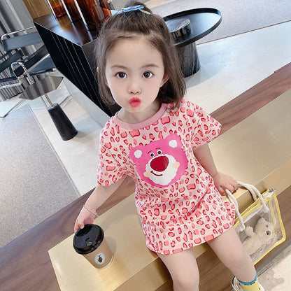 2023 spring and summer new girls pink leopard print bear mid-length T-shirt dress children's cartoon short-sleeved dress 