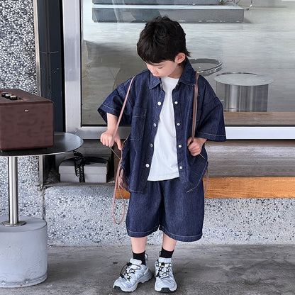 Children's summer thin children's clothing denim suits for middle and large children's casual and fashionable two-piece suits for boys' fashionable short-sleeved shorts 