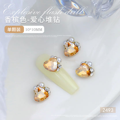 Internet celebrity popular nail art crystal pile diamond finished product super flash crooked heart rectangular handmade pearl nail decoration wholesale 