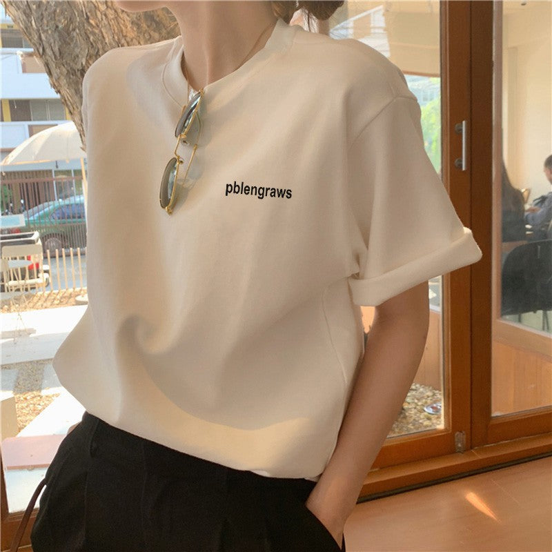 2023 new front shoulder hot style pure cotton short-sleeved T-shirt women's simple casual fashion all-match white top spring and summer 