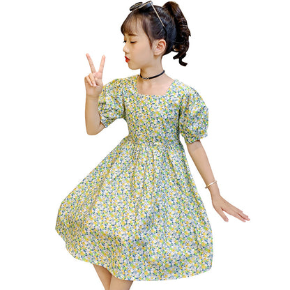 2024 Summer Girls French Puff Sleeve New Style Dress Square Neck Floral Cotton Skirt Short Sleeve Pastoral Slim Trend 