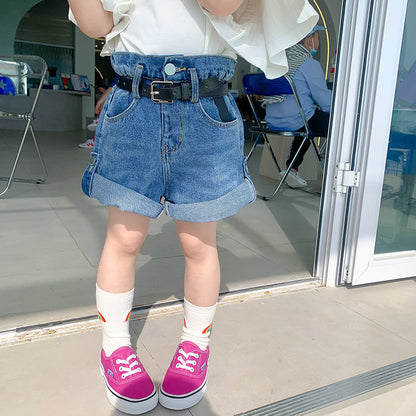 Korean children's clothing 2024 spring new children's shorts girls stylish curled jeans small and medium children's flower bud hot pants 