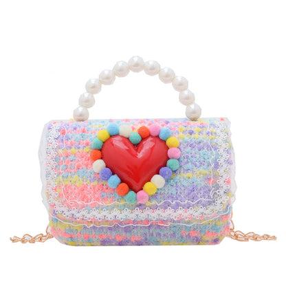 New Children's Small Square Bag Cartoon Cute Fragrant Style Shoulder Bag Fashion Love Jewelry Chain Crossbody Bag လက်ကား 