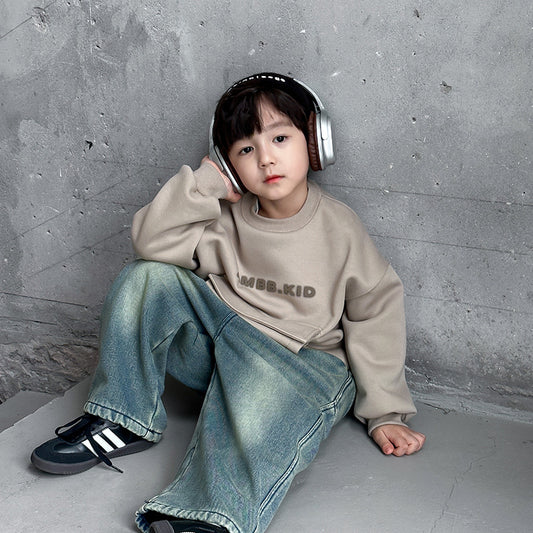 Amo Beibei children's plush three-dimensional letter top boy 2023 winter handsome big pocket Austrian grain fleece sweatshirt 