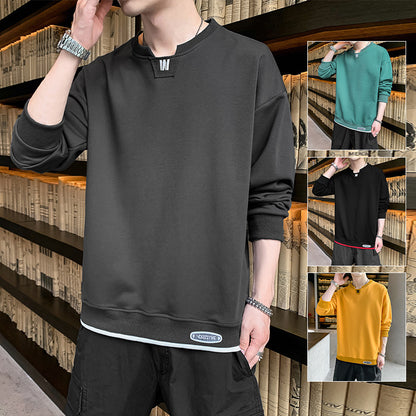 2022 spring and autumn new men's fake two-piece long-sleeved T-shirt fashion trend men's loose couple sweater bottoming shirt 