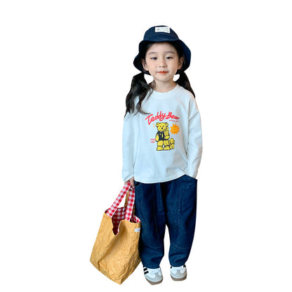 Korean children's clothing 2023 autumn new boys and girls Korean version cute bear long-sleeved T-shirt versatile cotton bottoming shirt 