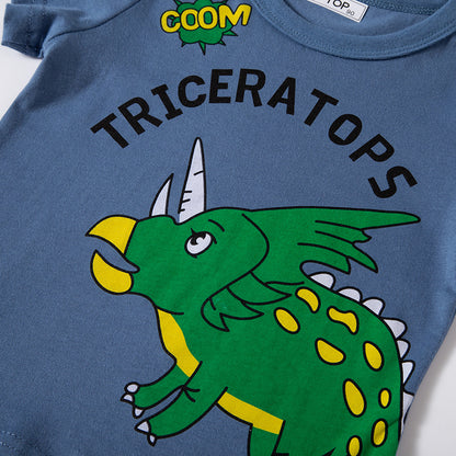 New children's short-sleeved T-shirt with cartoon dinosaur prints for boys, pure cotton tops for summer, Korean style, round neck, one piece for delivery 