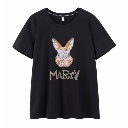 2023 summer plus-size women's clothing fat mm casual cartoon ironing drill lazy wind round neck short-sleeved cotton T-shirt top 18087 