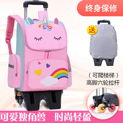 Primary school students trolley space school bag 1-3-6 years boys and girls unicorn detachable six-wheeled climbing bag with wheels 