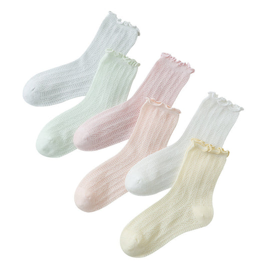 Children's summer thin mesh socks for girls, babies, infants, cotton socks, boneless loose mouth, solid color, mid-tube 