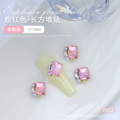 Internet celebrity popular nail art crystal pile diamond finished product super flash crooked heart rectangular handmade pearl nail decoration wholesale 