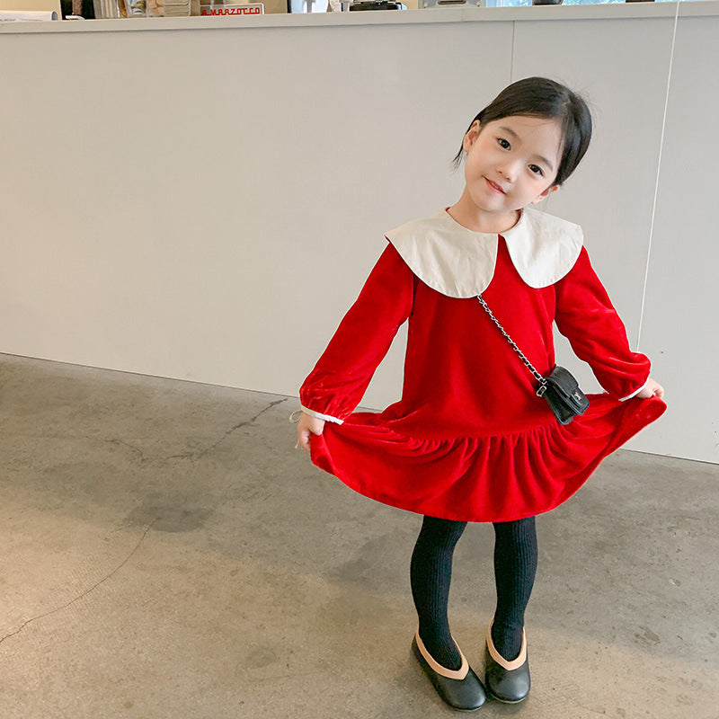 Korean children's clothing 2021 autumn and winter new children's dresses for girls, baby velvet large lapel princess dress 