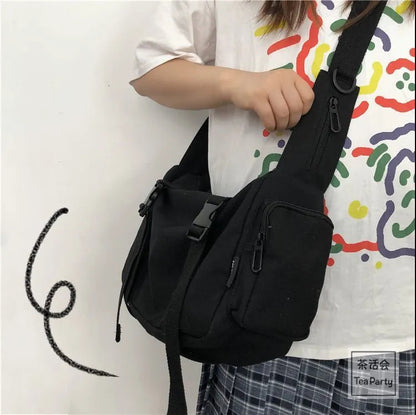 Korean Chic retro tooling Hong Kong style student canvas bag male ulzzang neutral Japanese Harajuku Messenger bag female 