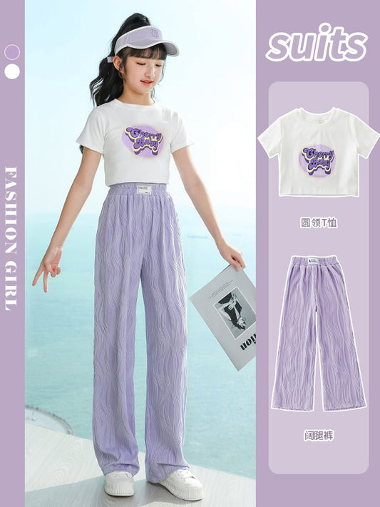 2023 summer middle-aged and older children's short-sleeved wide-leg pants suit new outer wear printed casual girls sports two-piece set 