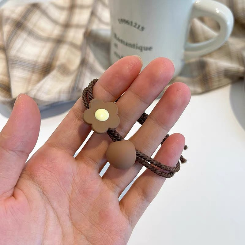 Milk coffee color flower head rope Korean simple hair ring tied hair rubber band temperament female scalp leather set hair rope hair accessories 