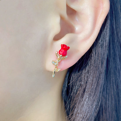 Mori literature and art design elegant pastoral style retro rose earrings fashion three-dimensional versatile spray paint flower earrings 