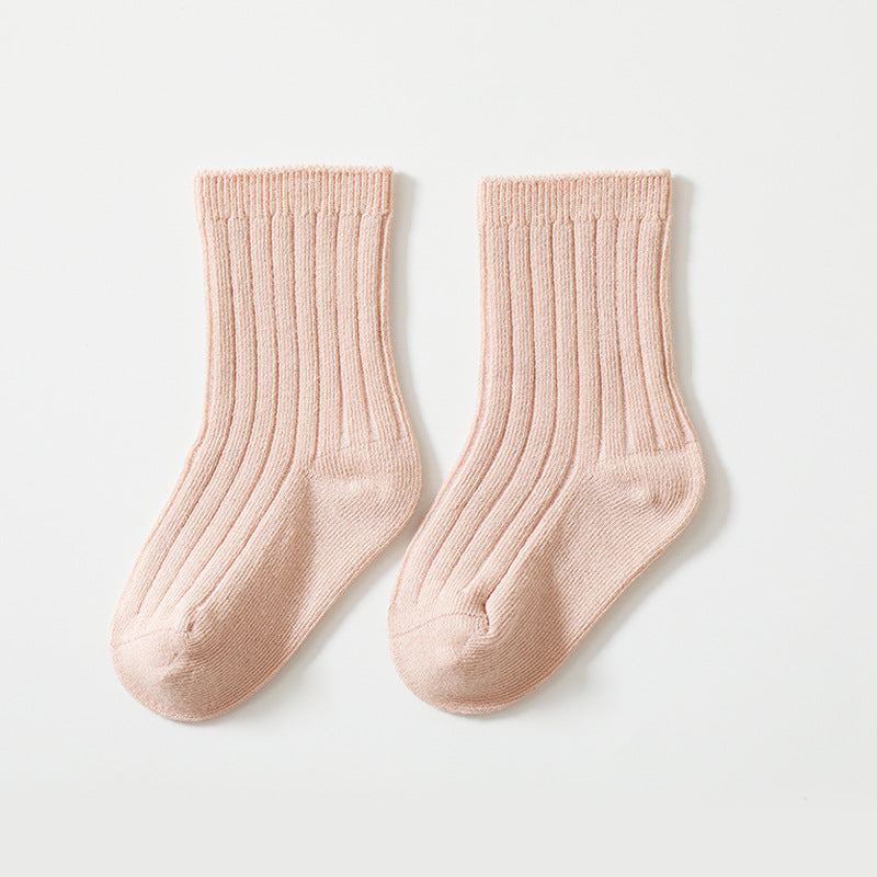 New style children's socks in spring and autumn, Korean style, double needle solid color children's socks, boys and girls solid color cotton socks, baby mid-tube 