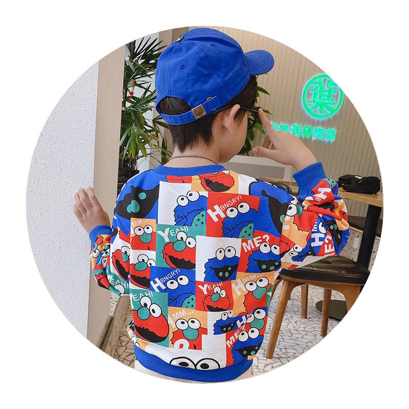 2023 Spring and Autumn New Boys Full Print Sesame Street Cute Loose Small and Medium-sized Boys Handsome Sweater Tops 