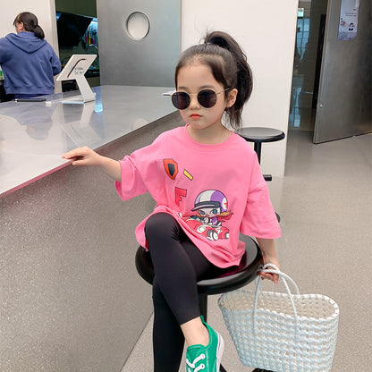 Korean children's clothing 2023 summer new girls short-sleeved T-shirt cartoon printed tops fashionable loose short-sleeved bottoms 