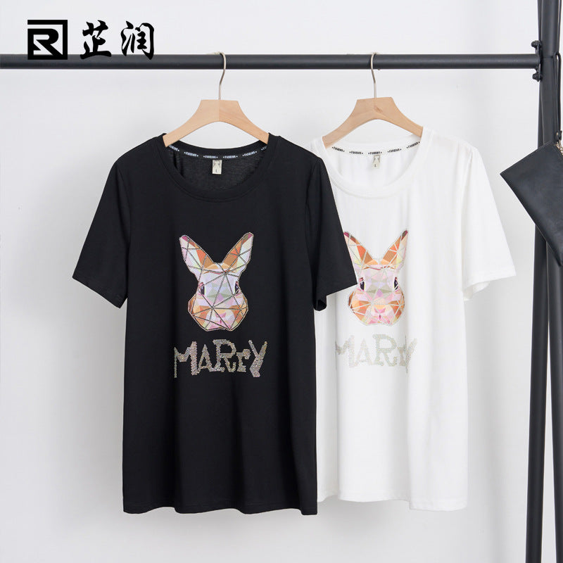 2023 summer plus-size women's clothing fat mm casual cartoon ironing drill lazy wind round neck short-sleeved cotton T-shirt top 18087 