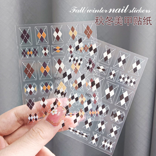 Autumn and winter nail art stickers diamond plaid Maillard embossed thin tough caramel color black and white plaid sweater stickers