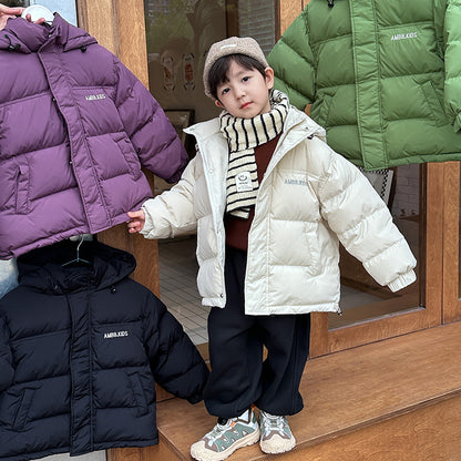 New national standard Aimo Beibei 2023 winter children's 90 white duck down hooded down jacket baby embroidery warm bread coat 