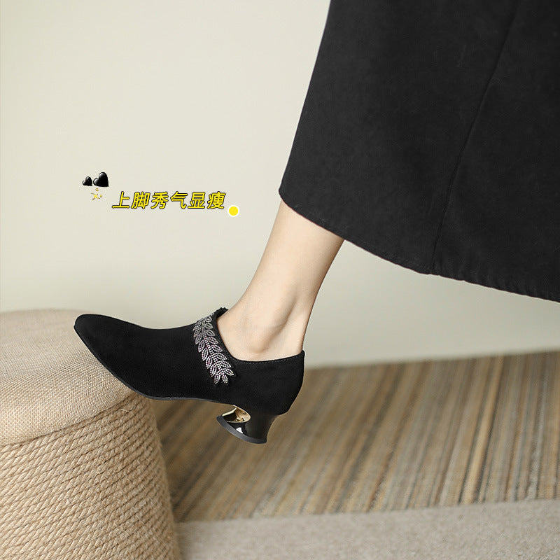 Pointed toe suede deep mouth single shoes 2022 new fashion new mid-heel shoes rhinestone autumn shoes a generation of Huizhou shoes 