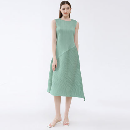 2023 summer Miyake air sense loose pleated sleeveless dress women's mid-length simple splicing irregular skirt 