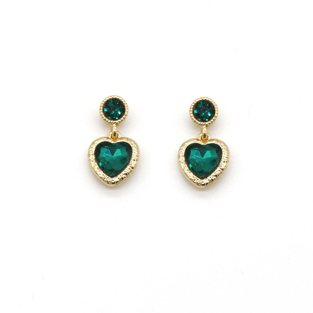 Qingdao jewelry medieval vintage French retro earrings court style light luxury emerald love glass earrings 