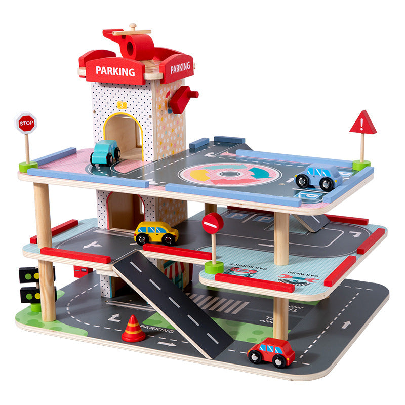 Cross-border children's wooden simulation play house large three-dimensional three-layer car parking lot assembly track educational toy