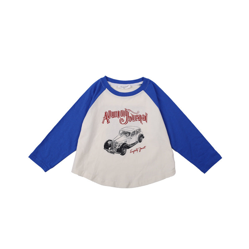 [Clearance Sale] Children's 2024 Spring Cartoon Raglan Top Baby Colorblock Round Neck Loose Long Sleeve T-shirt 