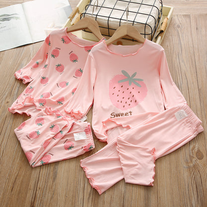 2023 Girls Pajamas Set Home Clothes Children Ice Silk Summer Short Sleeve Sweet Girl Baby Thin Air Conditioning Clothes 