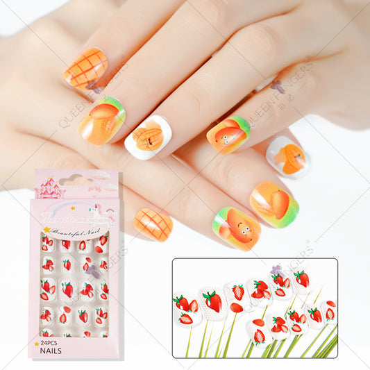 Fingernail Manicure Summer Fruit Series Children's Fake Nails 24 Pieces Strip Cartoon Full Sticker Removable Nail Art Pieces