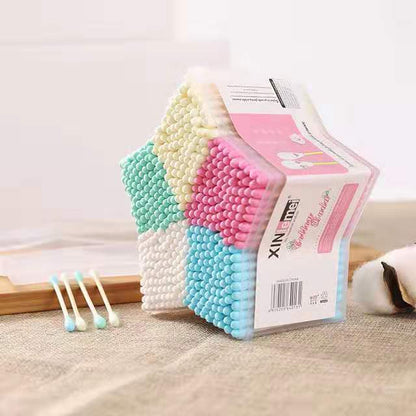 [Xinlemei] 500 five-pointed star boxed double-ended colored cotton swabs with pointed ends for makeup and cleaning household cotton swabs 