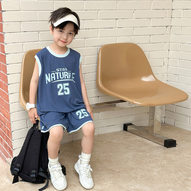 Elmo Beibei 2024 Summer Boys Contrast Letter Sports Two-piece Set Baby Mesh Breathable Basketball Vest Set 